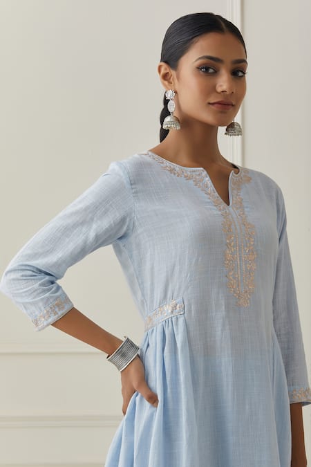 Buy Kamaltaas Blue Cotton Embroidery Placket Anarkali Pant Set Online at Aza Fashions Buy_Kamaltaas_Blue Cotton Embroidery Placket Anarkali Pant Set _Online_at_Aza_Fashions