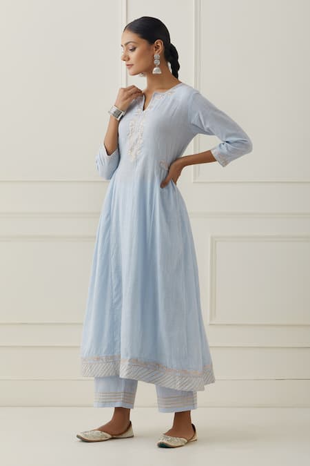 Shop Kamaltaas Blue Cotton Embroidery Placket Anarkali Pant Set Online at Aza Fashions Shop_Kamaltaas_Blue Cotton Embroidery Placket Anarkali Pant Set _Online_at_Aza_Fashions