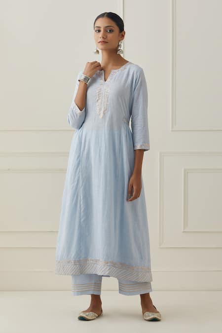 Kamaltaas Blue Cotton Embroidery Placket Anarkali Pant Set at Aza Fashions Kamaltaas_Blue Cotton Embroidery Placket Anarkali Pant Set _at_Aza_Fashions