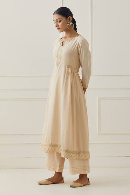 Shop Kamaltaas Peach Cotton Embroidery, Pearls Cuff Anarkali Pant Set Online at Aza Fashions Shop_Kamaltaas_Peach Cotton Embroidery, Pearls Cuff Anarkali Pant Set _Online_at_Aza_Fashions