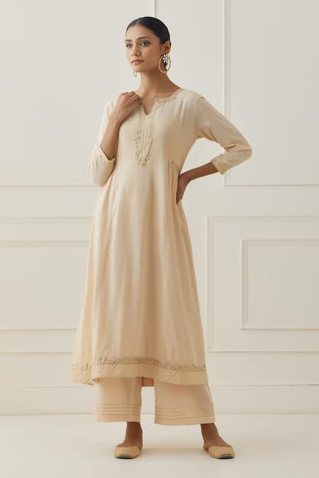 Kamaltaas Peach Cotton Embroidery, Pearls Cuff Anarkali Pant Set at Aza Fashions Kamaltaas_Peach Cotton Embroidery, Pearls Cuff Anarkali Pant Set _at_Aza_Fashions