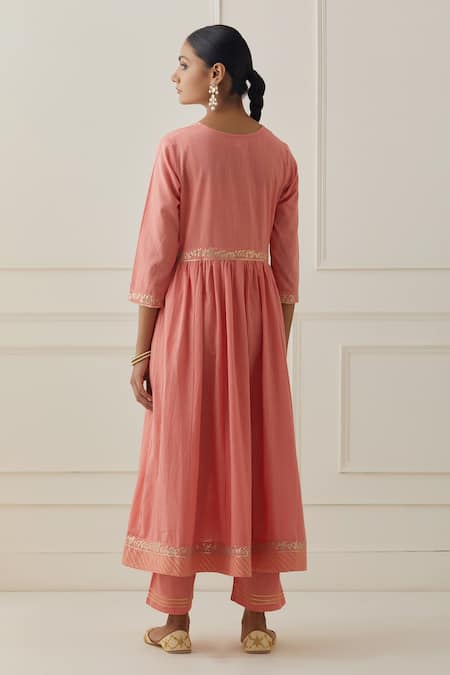 Shop_Kamaltaas_Pink Cotton Piping Split V-neck Panel Embroidered Anarkali And Pant Set _at_Aza_Fashions