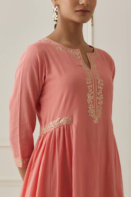Kamaltaas_Pink Cotton Piping Split V-neck Panel Embroidered Anarkali And Pant Set _Online_at_Aza_Fashions