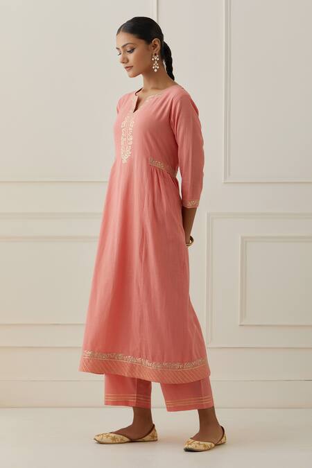 Buy_Kamaltaas_Pink Cotton Piping Split V-neck Panel Embroidered Anarkali And Pant Set _Online_at_Aza_Fashions