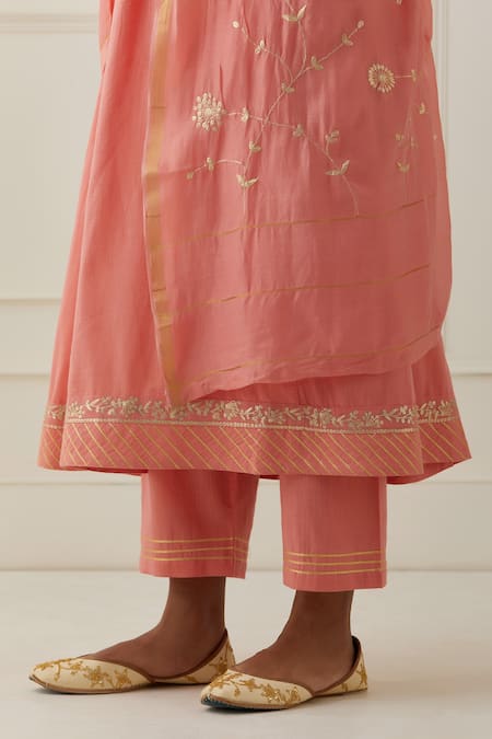 Shop_Kamaltaas_Pink Cotton Piping Split V-neck Panel Embroidered Anarkali And Pant Set _Online_at_Aza_Fashions