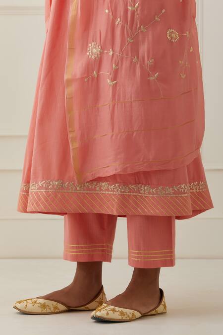 Shop_Kamaltaas_Pink Cotton Embroidery, Piping Panel Anarkali Pant Set _Online_at_Aza_Fashions