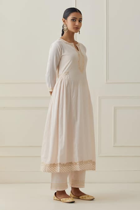 Shop_Kamaltaas_Pink Cotton Embroidery Split V-neck Hand Anarkali Pant Set _Online_at_Aza_Fashions