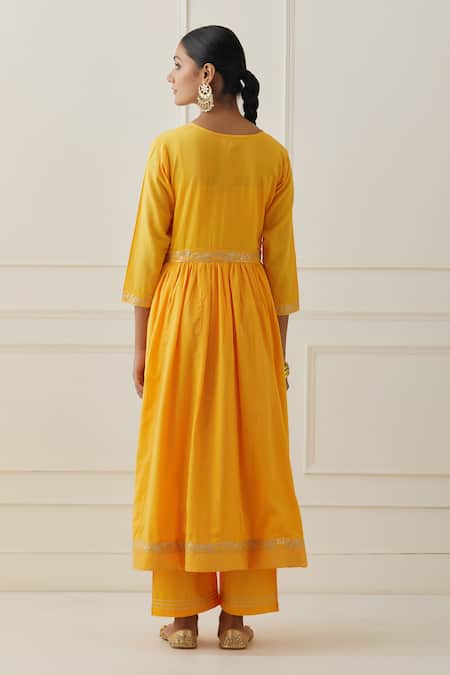Shop Kamaltaas Yellow Cotton Embroidery Collared Placket Hand Anarkali And Pant Set at Aza Fashions Shop_Kamaltaas_Yellow Cotton Embroidery Collared Placket Hand Anarkali And Pant Set _at_Aza_Fashions