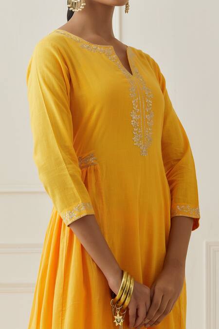 Kamaltaas Yellow Cotton Embroidery Collared Placket Hand Anarkali And Pant Set Online at Aza Fashions Kamaltaas_Yellow Cotton Embroidery Collared Placket Hand Anarkali And Pant Set _Online_at_Aza_Fashions
