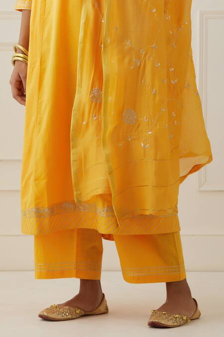 Kamaltaas Yellow Cotton Embroidery Split V-neck Placket Hand Anarkali Pant Set Online at Aza Fashions Kamaltaas_Yellow Cotton Embroidery Split V-neck Placket Hand Anarkali Pant Set _Online_at_Aza_Fashions