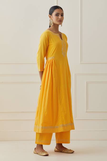 Shop Kamaltaas Yellow Cotton Embroidery Split V-neck Placket Hand Anarkali Pant Set Online at Aza Fashions Shop_Kamaltaas_Yellow Cotton Embroidery Split V-neck Placket Hand Anarkali Pant Set _Online_at_Aza_Fashions
