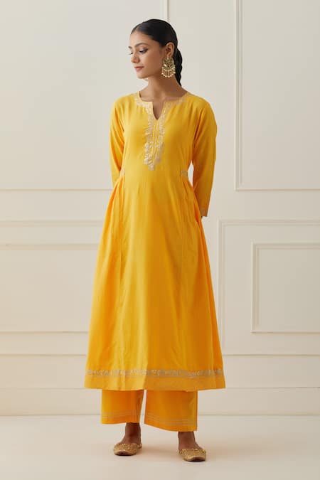 Kamaltaas Yellow Cotton Embroidery Split V-neck Placket Hand Anarkali Pant Set at Aza Fashions Kamaltaas_Yellow Cotton Embroidery Split V-neck Placket Hand Anarkali Pant Set _at_Aza_Fashions