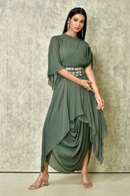 Adara Khan Green Georgette Embroidered Zardozi Band Ombre Cowl Hem Asymmetric Dress