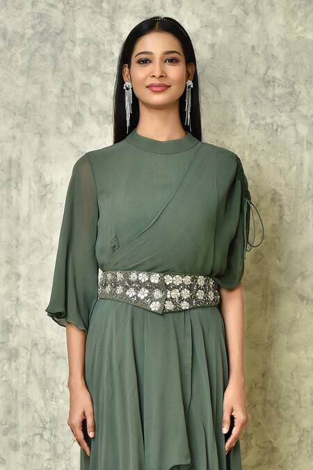 Adara Khan_Green Georgette Embroidered Zardozi Band Ombre Cowl Hem Asymmetric Dress_Online_at_Aza_Fashions