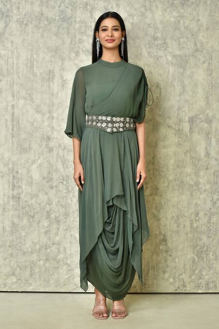 Buy_Adara Khan_Green Georgette Embroidered Zardozi Band Ombre Cowl Hem Asymmetric Dress_Online_at_Aza_Fashions