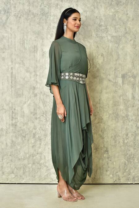 Shop_Adara Khan_Green Georgette Embroidered Zardozi Band Ombre Cowl Hem Asymmetric Dress_Online_at_Aza_Fashions