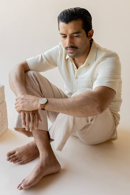 Nirjara_Off White Handloom Cotton Embellished Bead Kiku Tennis T Shirt_at_Aza_Fashions