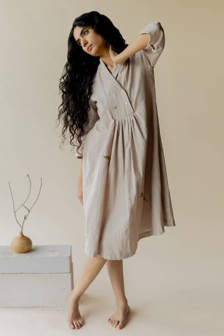 Nirjara Beige Handloom Cotton Embellished Bead V Neck Tesu A-line Dress