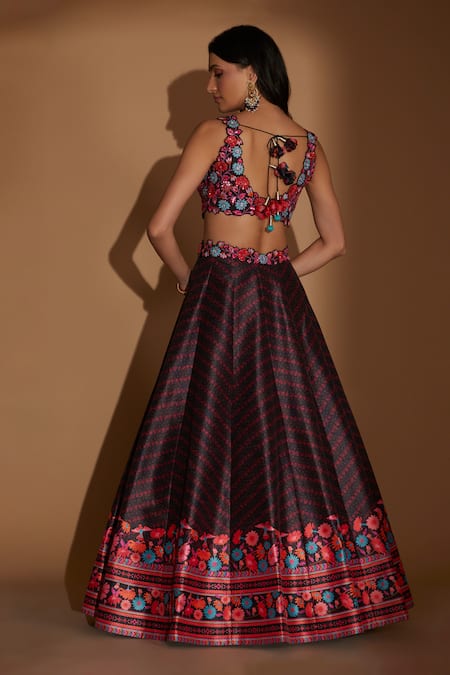 Shop_Show Shaa_Black Satin, Organza Embroidery Round Neck Blossom Print Lehenga Set _at_Aza_Fashions