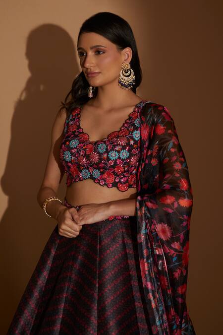 Show Shaa_Black Satin, Organza Embroidery Round Neck Blossom Print Lehenga Set _Online_at_Aza_Fashions