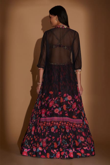 Show Shaa Sheer Floral Embroidered Border Cape Lehenga Set 