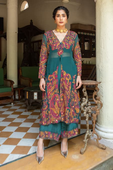 Buy_Ruhr India_Green Organza, Crepe, Cotton, Silk Sequins, Embroidery Paisley Kurta And Pant Set _Online_at_Aza_Fashions