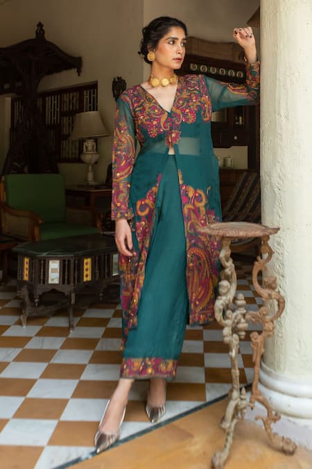 Shop_Ruhr India_Green Organza, Crepe, Cotton, Silk Sequins, Embroidery Paisley Kurta And Pant Set _Online_at_Aza_Fashions