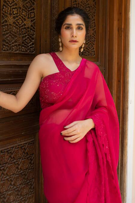 Ruhr India_Magenta Organza, Crepe, Lycra, Cotton, Paisley Embroidered Saree And Blouse Set _Online_at_Aza_Fashions