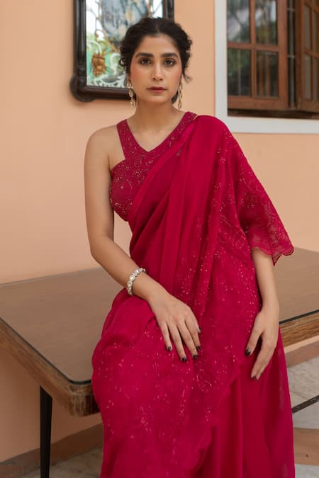Shop_Ruhr India_Magenta Organza, Crepe, Lycra, Cotton, Paisley Embroidered Saree And Blouse Set _Online_at_Aza_Fashions