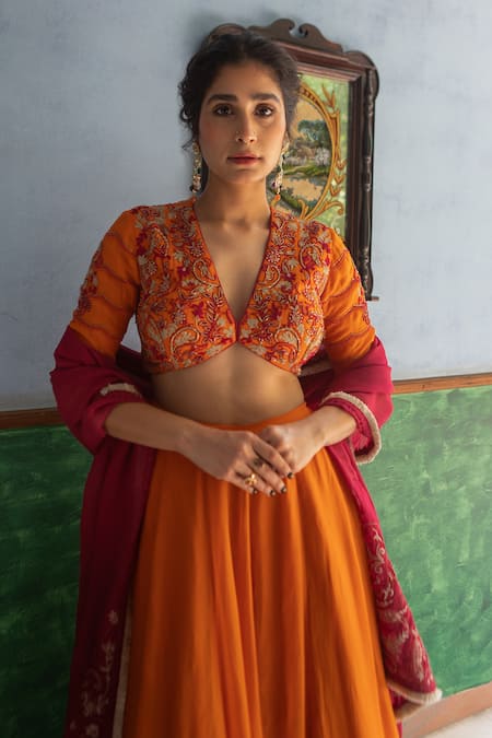 Ruhr India Orange Silk Organza, Cotton Satin Paisley Embroidered Lehenga Blouse Set Online at Aza Fashions Ruhr India_Orange Silk Organza, Cotton Satin Paisley Embroidered Lehenga Blouse Set _Online_at_Aza_Fashions