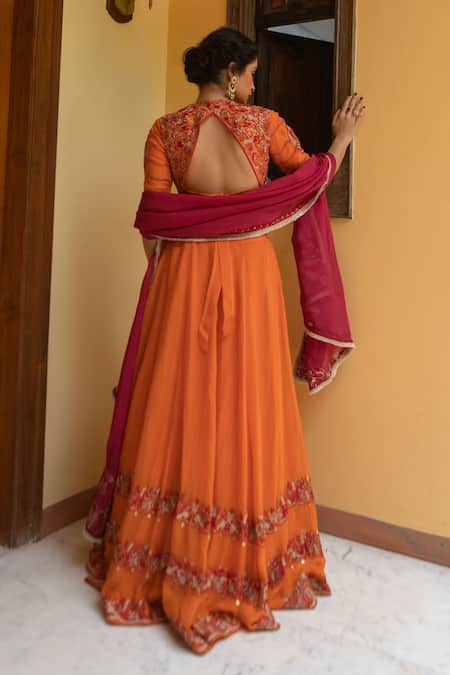 Buy Ruhr India Orange Silk Organza, Cotton Satin Paisley Embroidered Lehenga Blouse Set Online at Aza Fashions Buy_Ruhr India_Orange Silk Organza, Cotton Satin Paisley Embroidered Lehenga Blouse Set _Online_at_Aza_Fashions