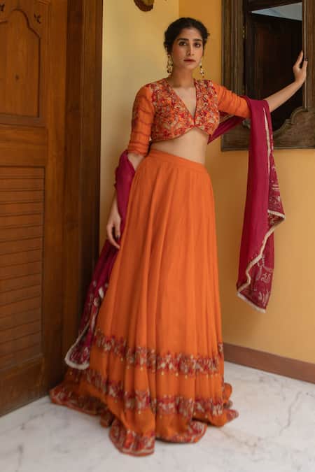 Shop Ruhr India Orange Silk Organza, Cotton Satin Paisley Embroidered Lehenga Blouse Set Online at Aza Fashions Shop_Ruhr India_Orange Silk Organza, Cotton Satin Paisley Embroidered Lehenga Blouse Set _Online_at_Aza_Fashions