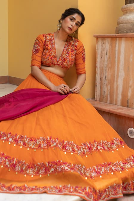 Ruhr India Orange Silk Organza, Cotton Satin Paisley Embroidered Lehenga Blouse Set at Aza Fashions Ruhr India_Orange Silk Organza, Cotton Satin Paisley Embroidered Lehenga Blouse Set _at_Aza_Fashions
