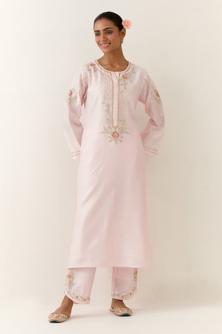 Anantaa By Roohi Pink Silk, Chanderi Embroidery Round Neck Kurta And Palazzo Set