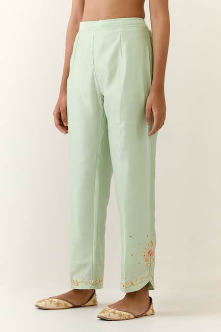 Anantaa By Roohi Green Silk, Chanderi Embroidery Round Neck Kurta Palazzo Set Online at Aza Fashions Anantaa By Roohi_Green Silk, Chanderi Embroidery Round Neck Kurta Palazzo Set _Online_at_Aza_Fashions