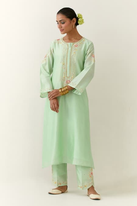 Shop Anantaa By Roohi Green Silk, Chanderi Embroidery Round Neck Kurta Palazzo Set Online at Aza Fashions Shop_Anantaa By Roohi_Green Silk, Chanderi Embroidery Round Neck Kurta Palazzo Set _Online_at_Aza_Fashions