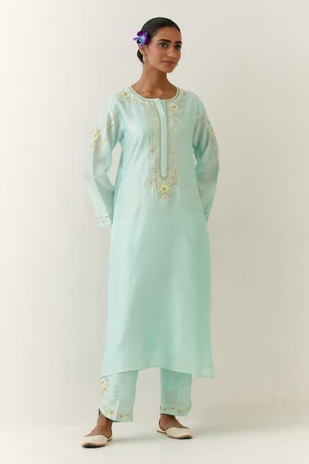 Anantaa By Roohi Blue Silk, Chanderi Embroidery Round Neck Kurta Online at Aza Fashions Anantaa By Roohi_Blue Silk, Chanderi Embroidery Round Neck Kurta _Online_at_Aza_Fashions