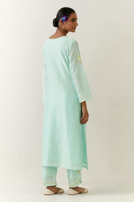 Shop Anantaa By Roohi Blue Silk, Chanderi Embroidery Round Neck Floral Kurta Palazzo Set at Aza Fashions Shop_Anantaa By Roohi_Blue Silk, Chanderi Embroidery Round Neck Floral Kurta Palazzo Set _at_Aza_Fashions