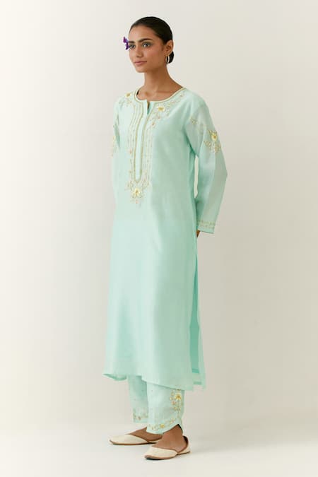 Buy Anantaa By Roohi Blue Silk, Chanderi Embroidery Round Neck Floral Kurta Palazzo Set Online at Aza Fashions Buy_Anantaa By Roohi_Blue Silk, Chanderi Embroidery Round Neck Floral Kurta Palazzo Set _Online_at_Aza_Fashions