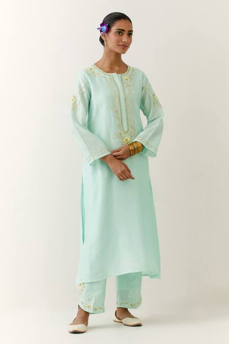 Shop Anantaa By Roohi Blue Silk, Chanderi Embroidery Round Neck Floral Kurta Palazzo Set Online at Aza Fashions Shop_Anantaa By Roohi_Blue Silk, Chanderi Embroidery Round Neck Floral Kurta Palazzo Set _Online_at_Aza_Fashions
