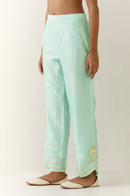 Buy Anantaa By Roohi Blue Silk, Chanderi Embroidery Round Neck Floral Kurta Palazzo Set Buy_Anantaa By Roohi_Blue Silk, Chanderi Embroidery Round Neck Floral Kurta Palazzo Set