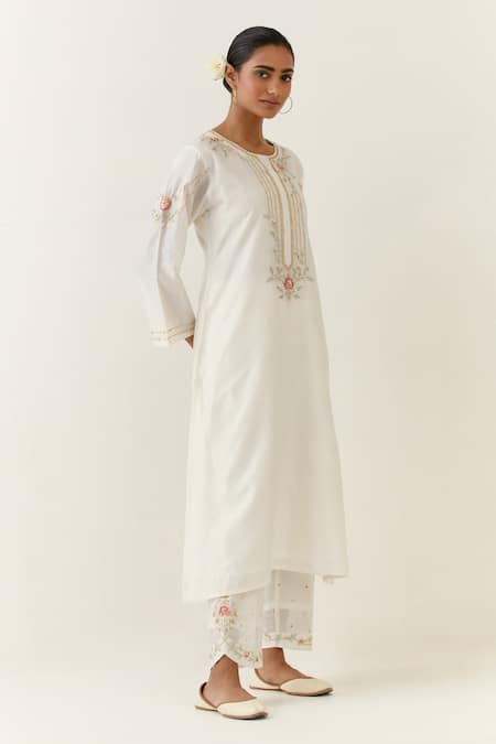 Anantaa By Roohi Off White Silk, Chanderi Embroidery Round Neck Kurta And Palazzo Set at Aza Fashions Anantaa By Roohi_Off White Silk, Chanderi Embroidery Round Neck Kurta And Palazzo Set _at_Aza_Fashions