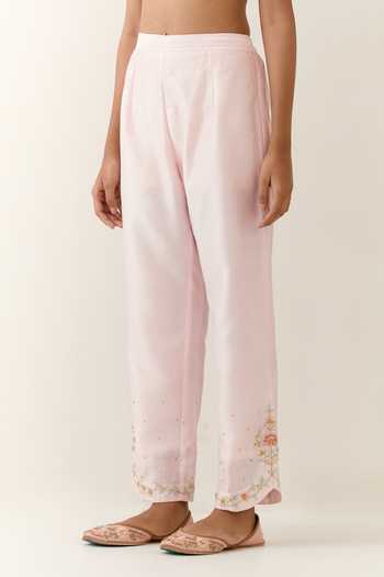 Anantaa By Roohi_Pink Silk, Chanderi Embroidery Split V-neck Kurta And Palazzo Set _Online_at_Aza_Fashions