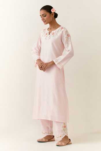Shop_Anantaa By Roohi_Pink Silk, Chanderi Embroidery Split V-neck Kurta And Palazzo Set _Online_at_Aza_Fashions