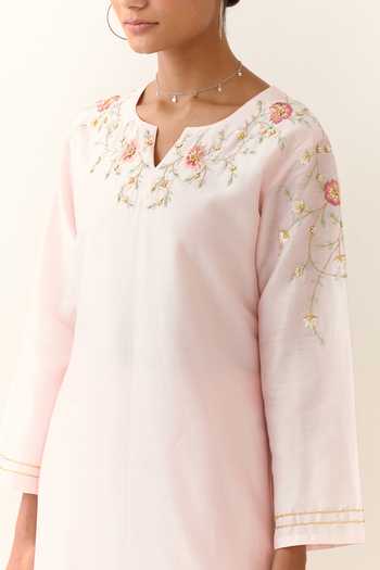 Buy_Anantaa By Roohi_Pink Silk, Chanderi Embroidery Split V-neck Kurta And Palazzo Set 