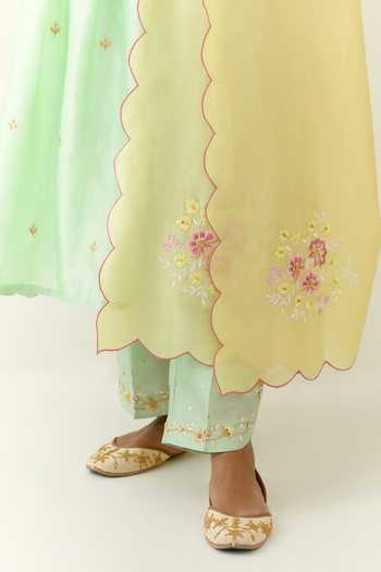 Shop_Anantaa By Roohi_Green Silk, Chanderi Embroidery Split V-neck Kurta Palazzo Set _Online_at_Aza_Fashions