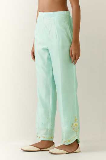 Anantaa By Roohi_Blue Silk, Chanderi, Chiffon Embroidery Collared Kurta Palazzo Set _Online_at_Aza_Fashions