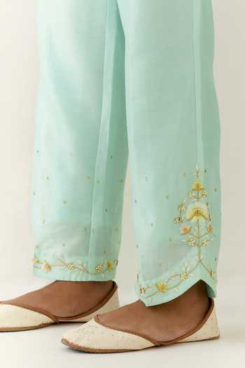 Buy_Anantaa By Roohi_Blue Silk, Chanderi, Chiffon Embroidery Collared Kurta Palazzo Set _Online_at_Aza_Fashions