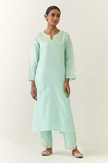 Anantaa By Roohi_Blue Silk, Chanderi, Chiffon Embroidery Collared Kurta Palazzo Set _at_Aza_Fashions