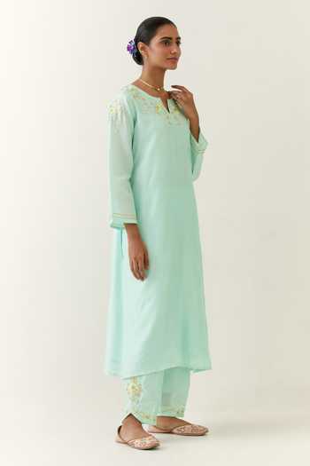 Shop_Anantaa By Roohi_Blue Silk, Chanderi, Chiffon Embroidery Collared Kurta Palazzo Set 